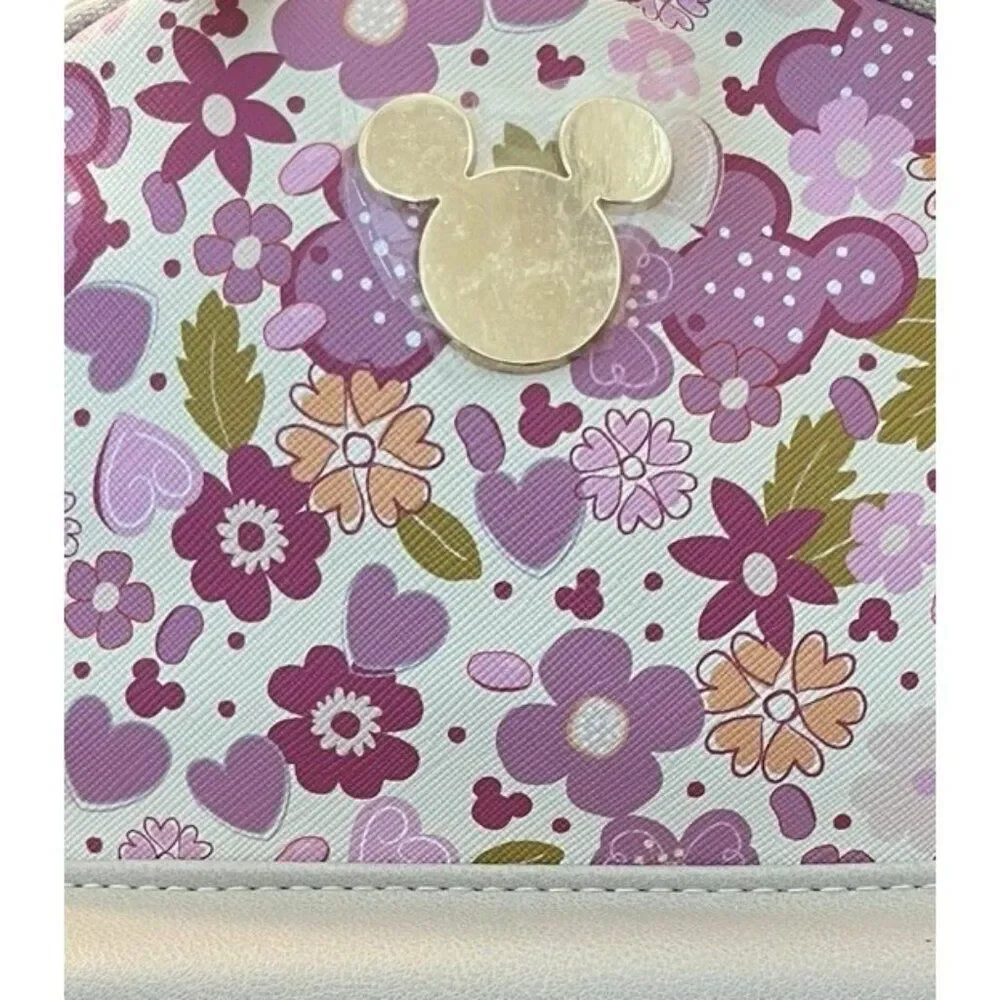 Disney Pink Floral Mini Backpack Mickey Mouse Ears Print Hearts Bioworld NWT - Picture 2 of 7